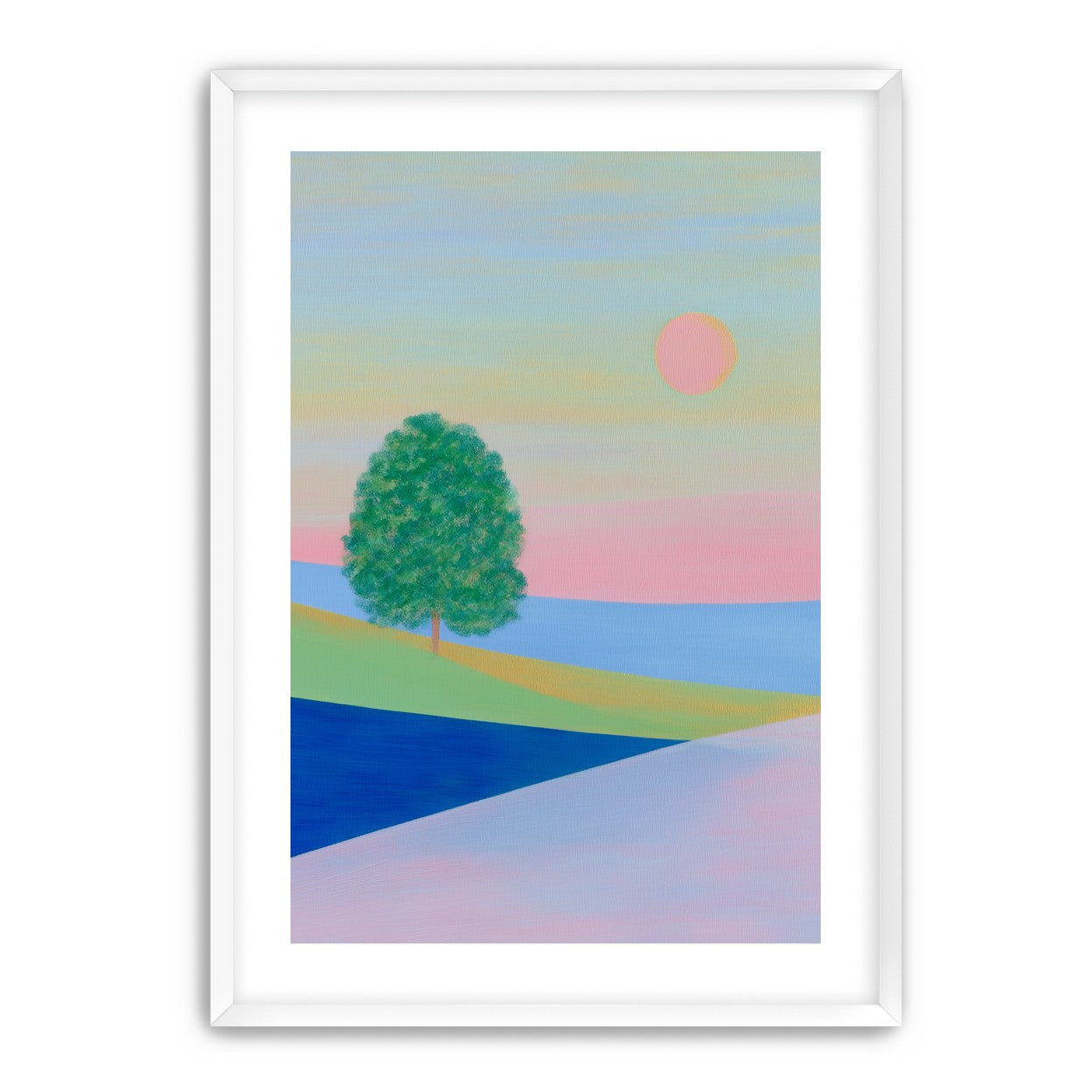 Pink sun over striped hills