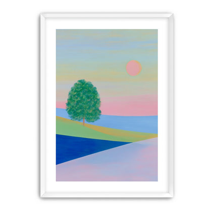Pink sun over striped hills