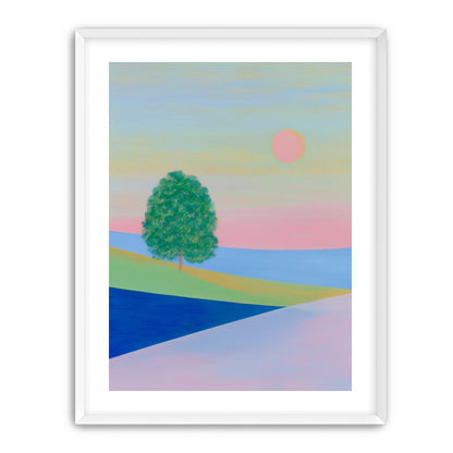 Pink sun over striped hills
