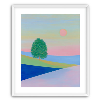Pink sun over striped hills