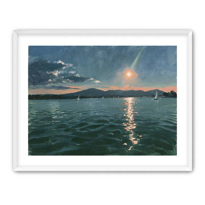 Peach sun on blue water