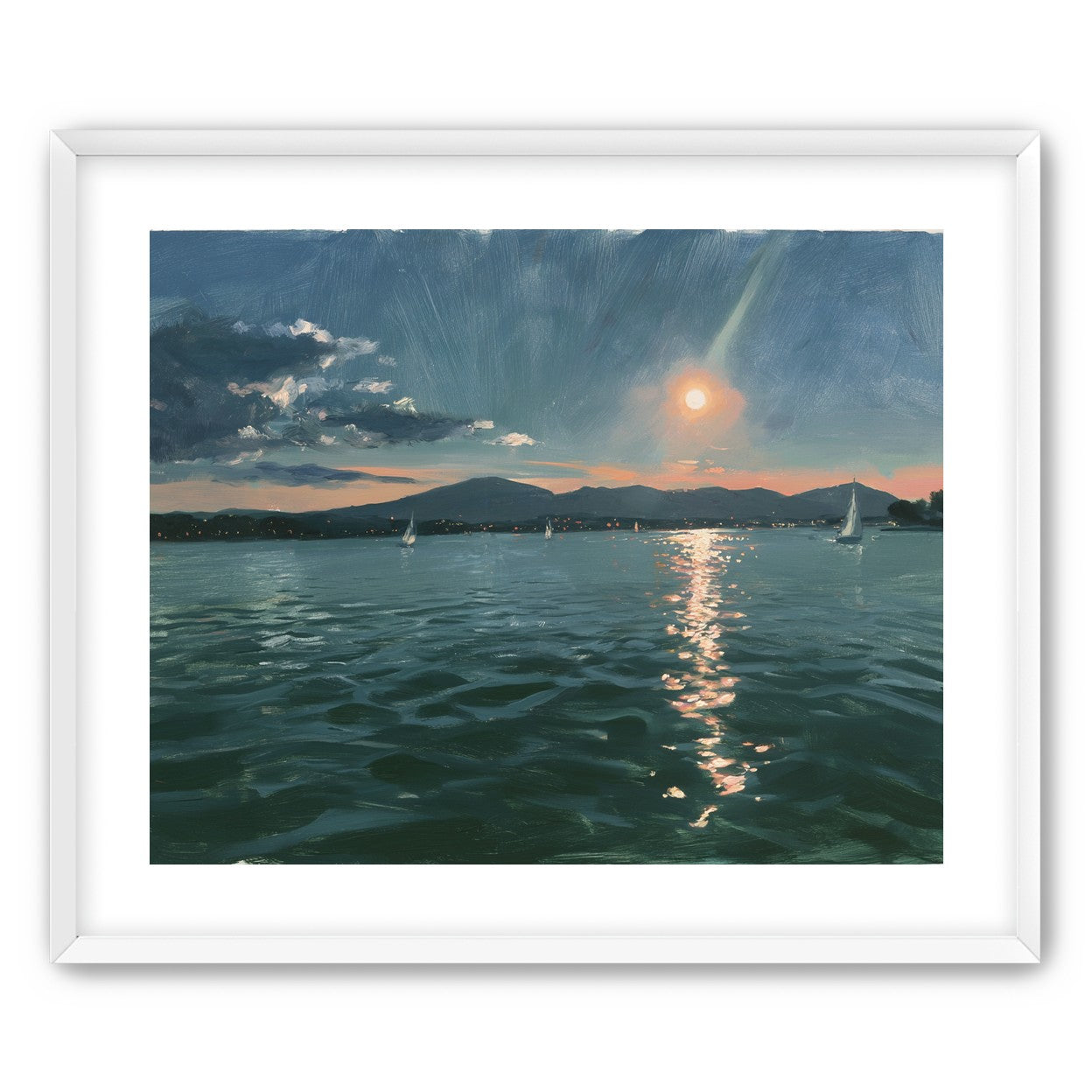 Peach sun on blue water