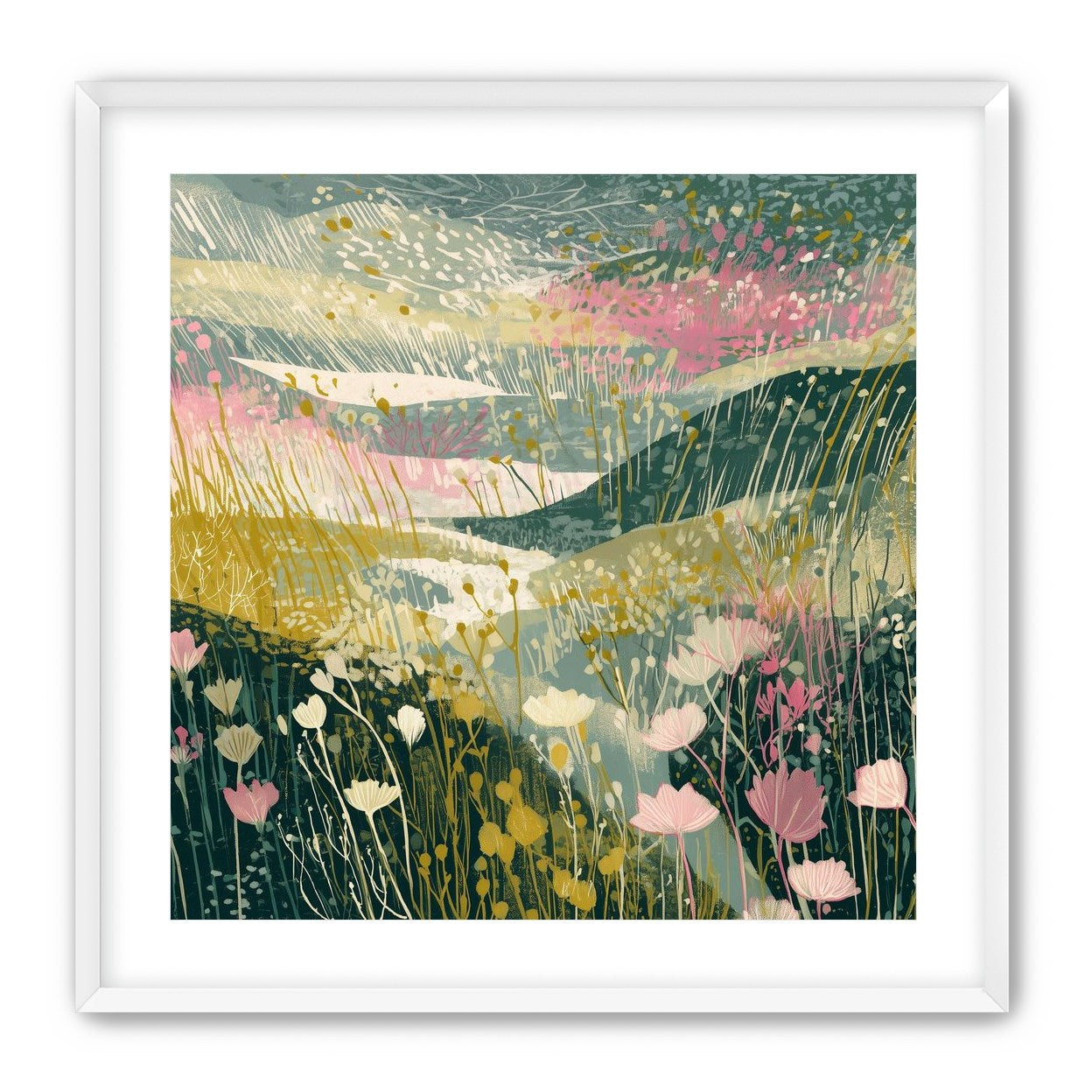 Wildflowers across layered hills