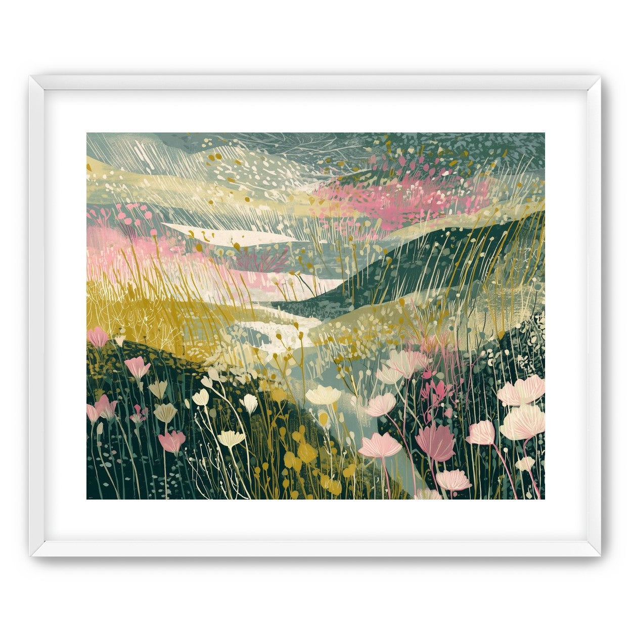 Wildflowers across layered hills