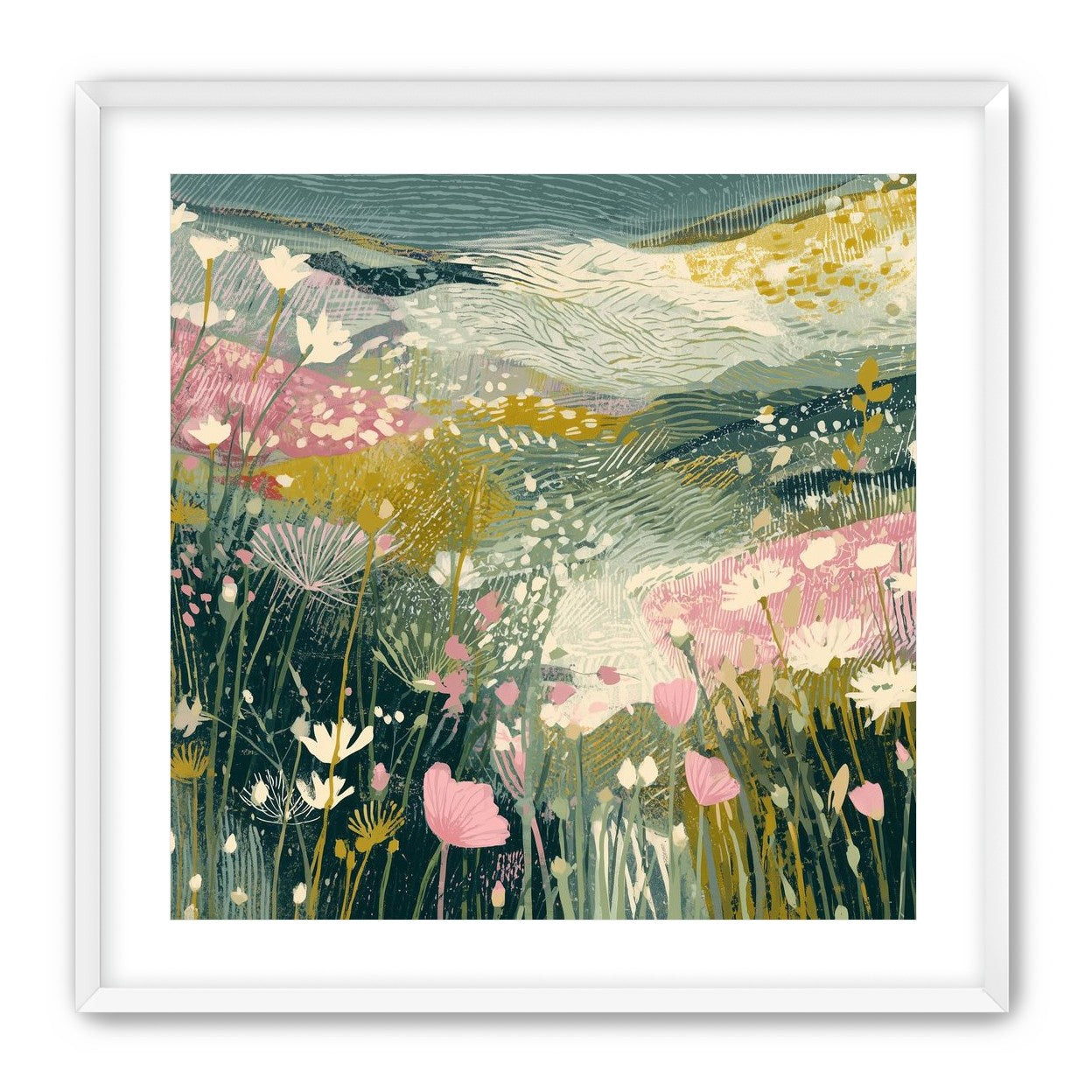 Teal sky over pink meadow