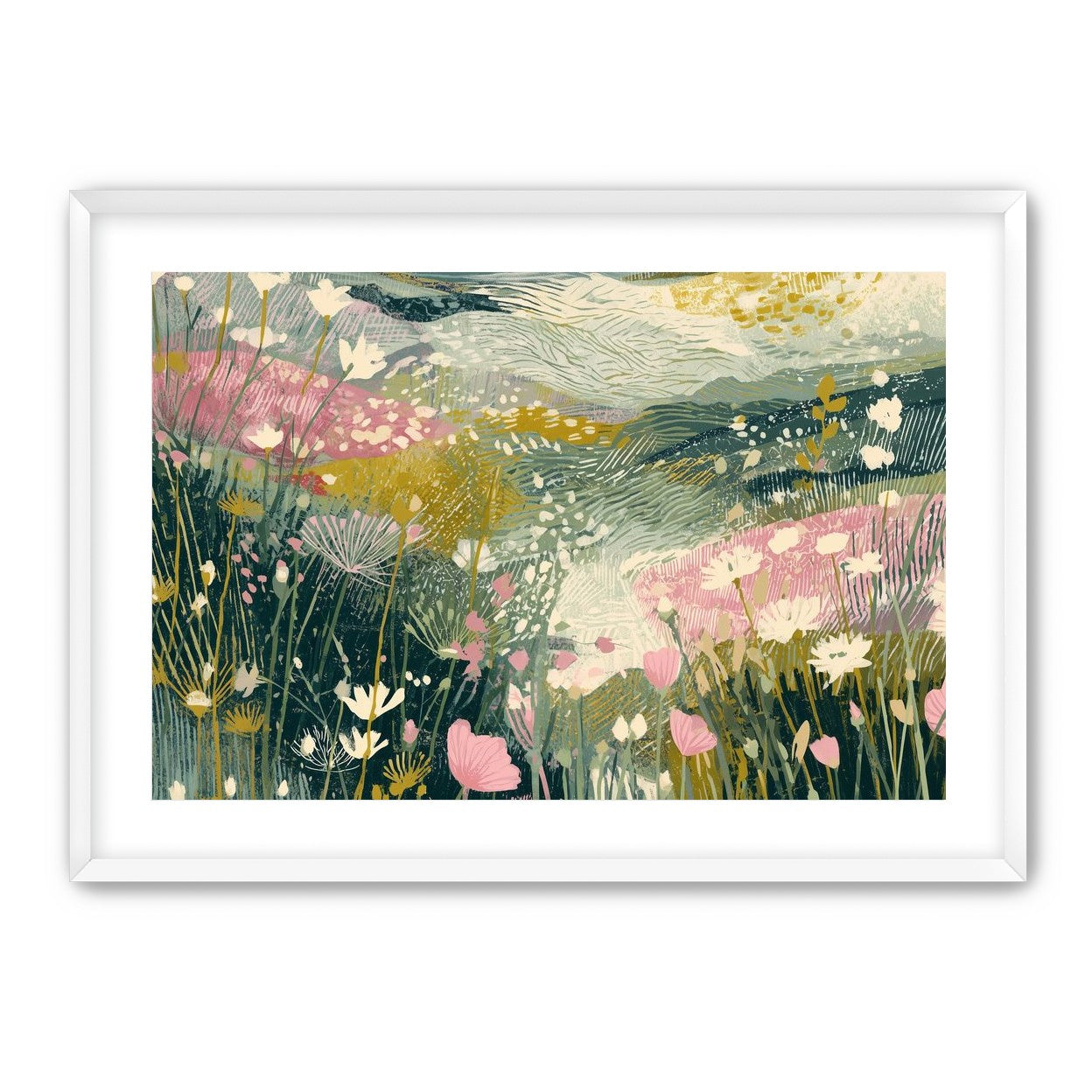 Teal sky over pink meadow