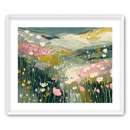 Teal sky over pink meadow
