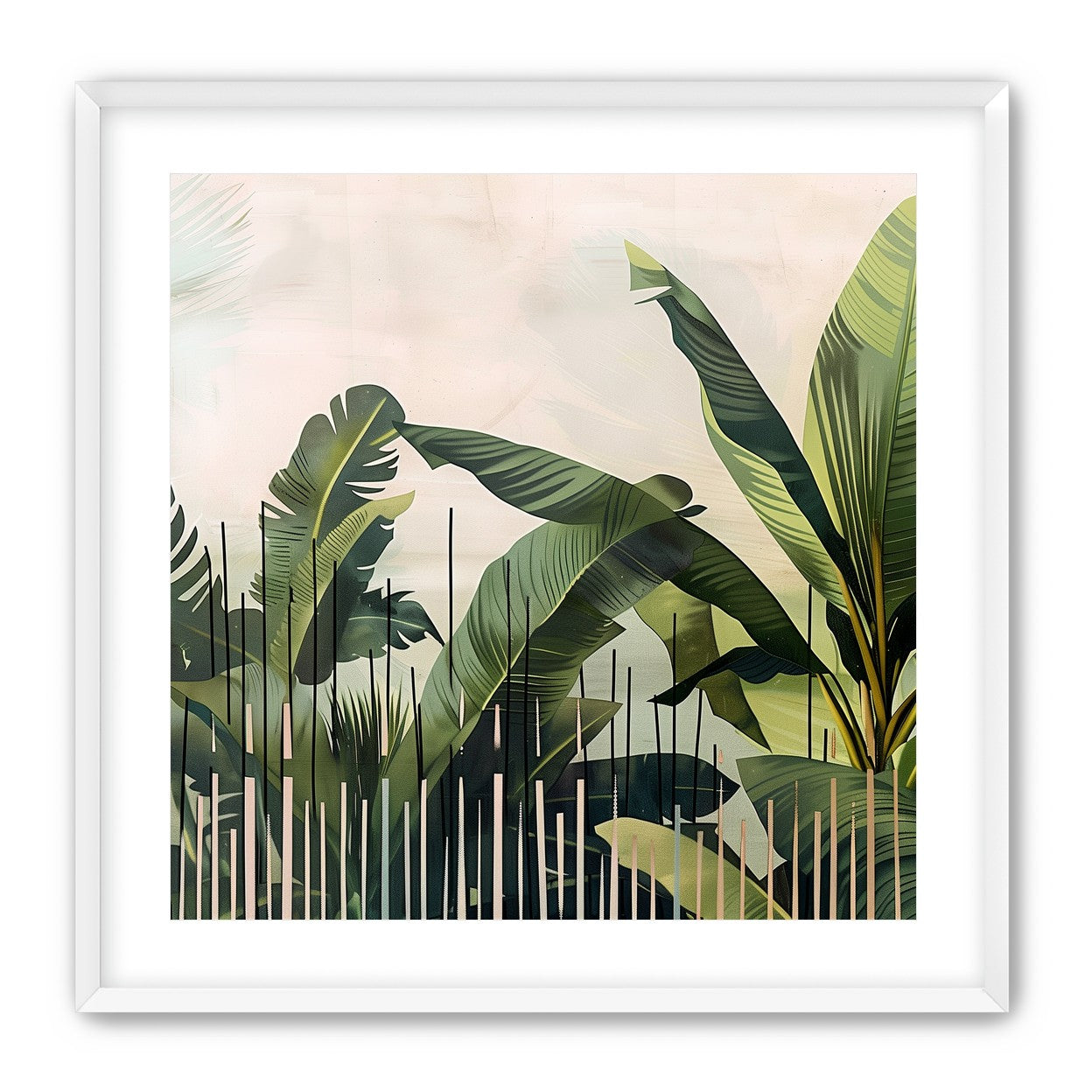 Tropical leaves behind black bars