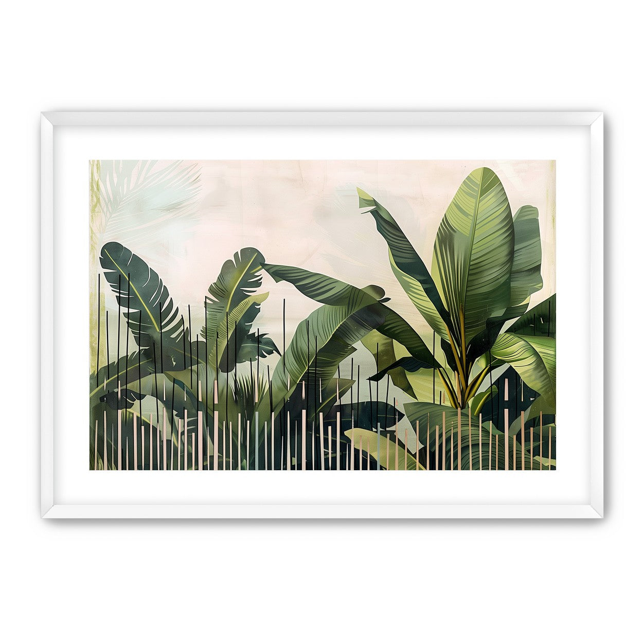 Tropical leaves behind black bars
