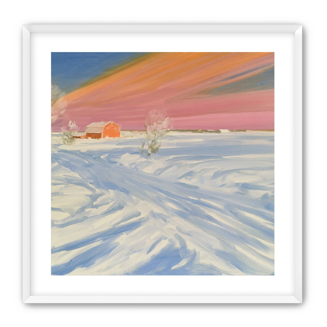 Pink sky over the red barn