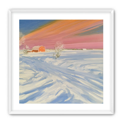 Pink sky over the red barn