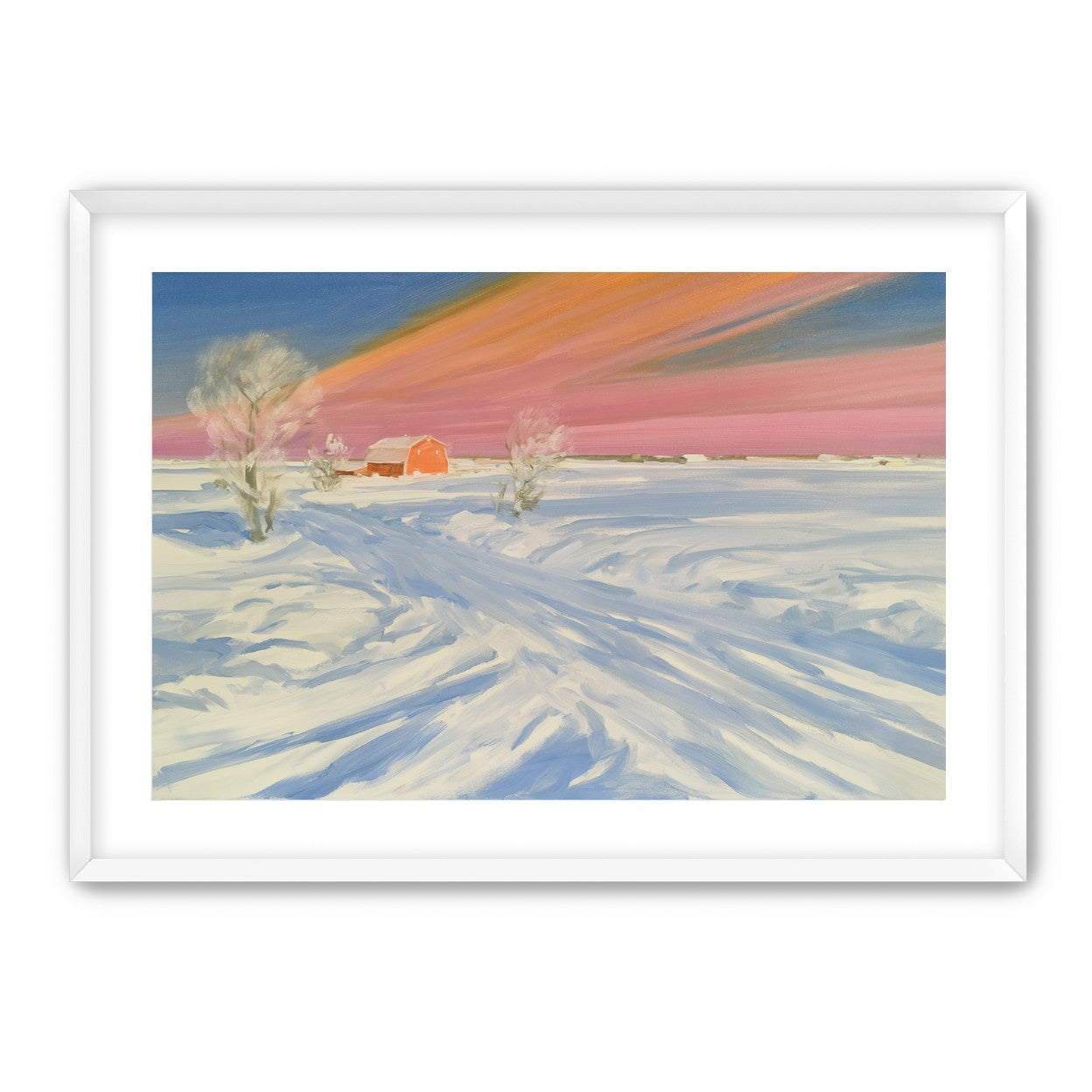 Pink sky over the red barn