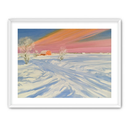 Pink sky over the red barn