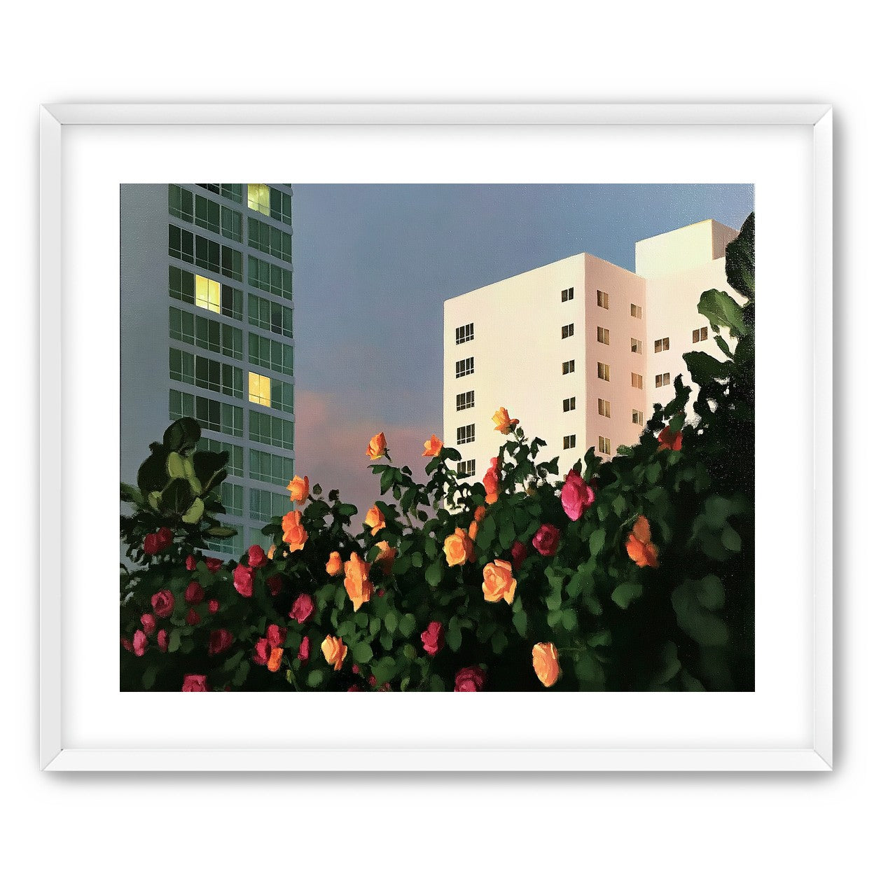 Roses below lit windows