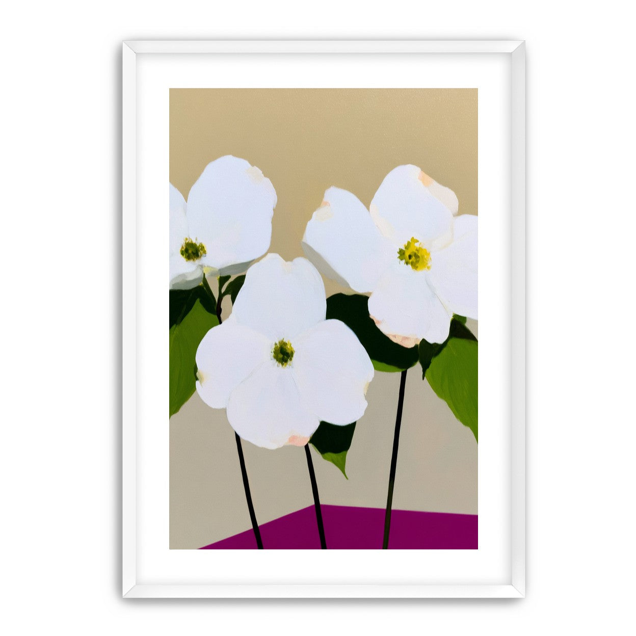 Three white flowers above purple