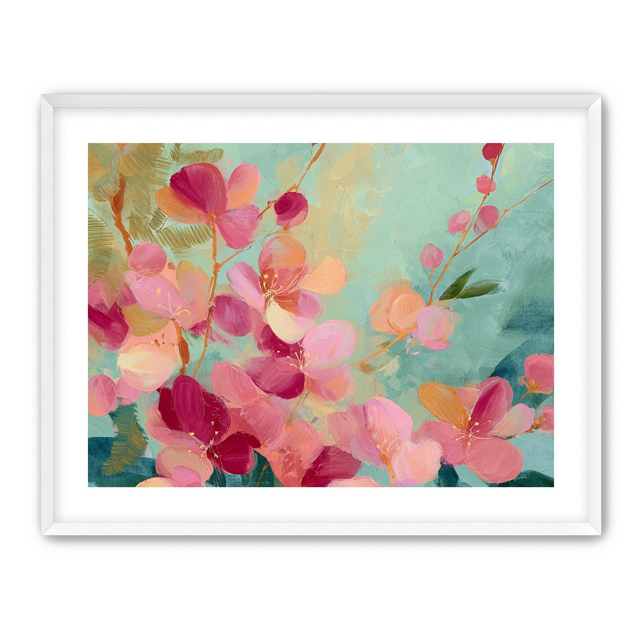Pink blossoms drifting through teal
