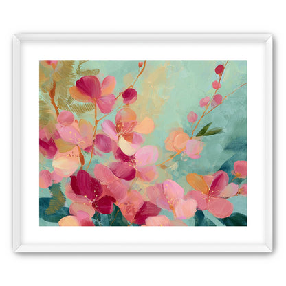 Pink blossoms drifting through teal