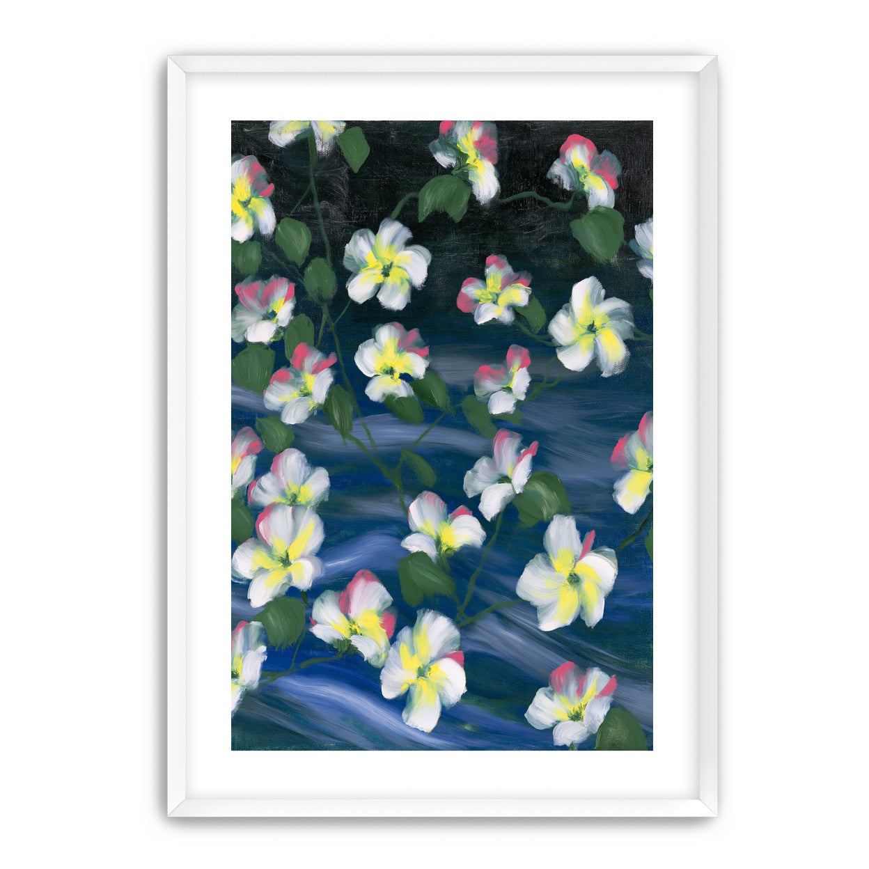 White flowers across deep blue