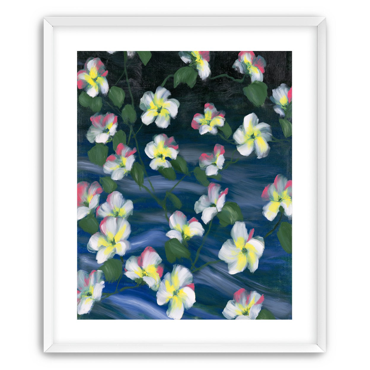 White flowers across deep blue