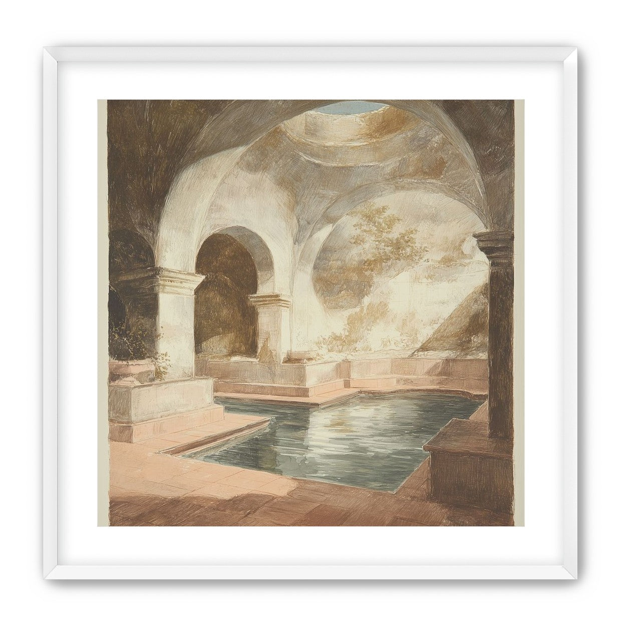 Courtyard pool beneath pale arches