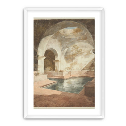 Courtyard pool beneath pale arches