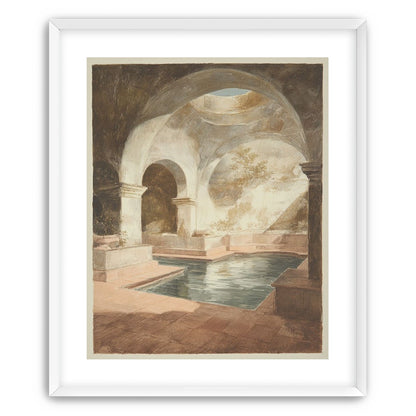 Courtyard pool beneath pale arches
