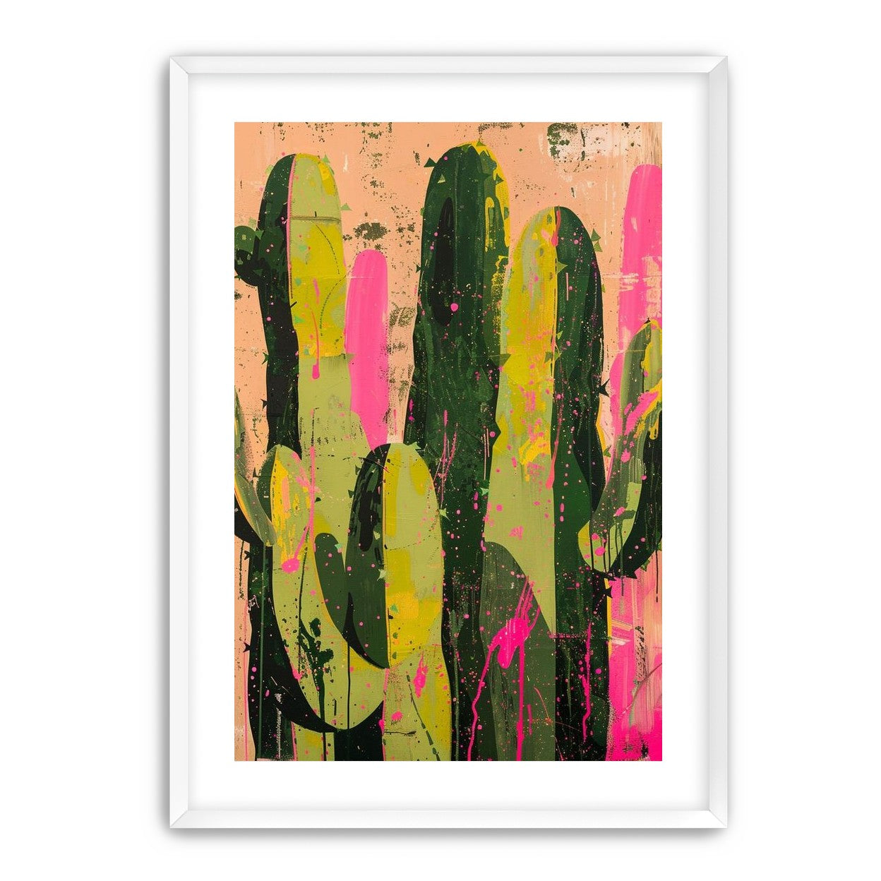 Cacti among pink splatters
