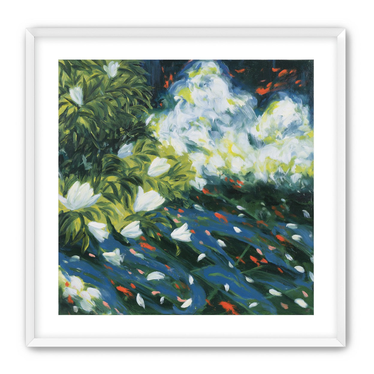 White petals on blue water