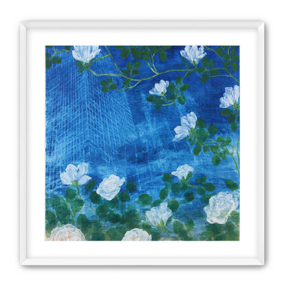 White blossoms on cobalt blue