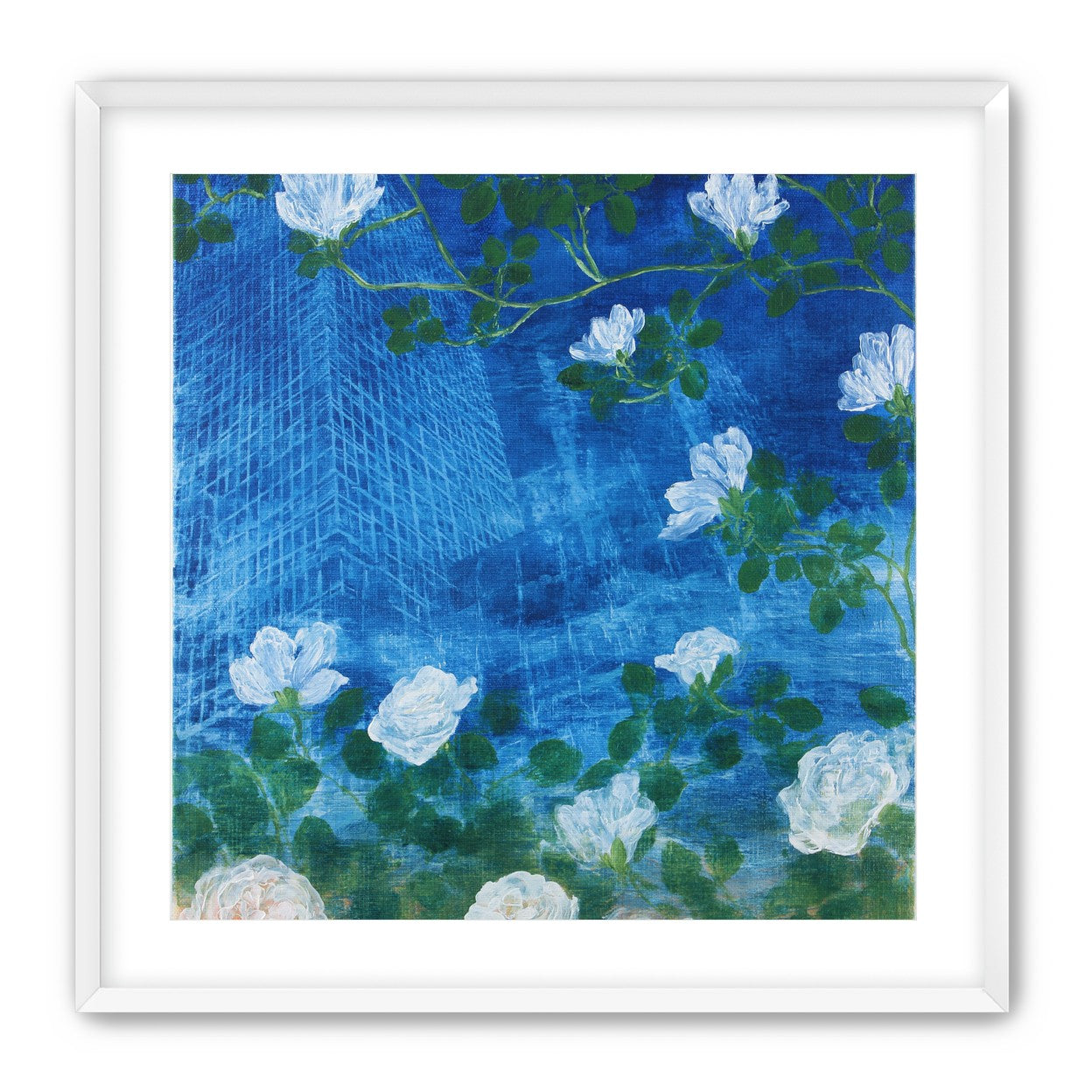 White blossoms on cobalt blue