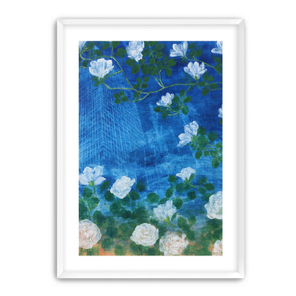 White blossoms on cobalt blue