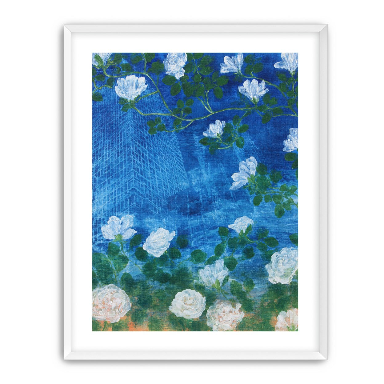 White blossoms on cobalt blue