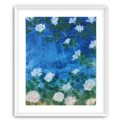 White blossoms on cobalt blue