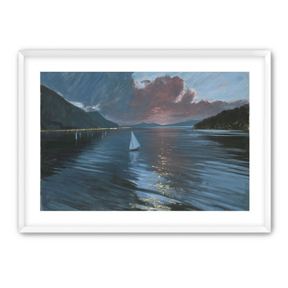 A sailboat beneath storm clouds