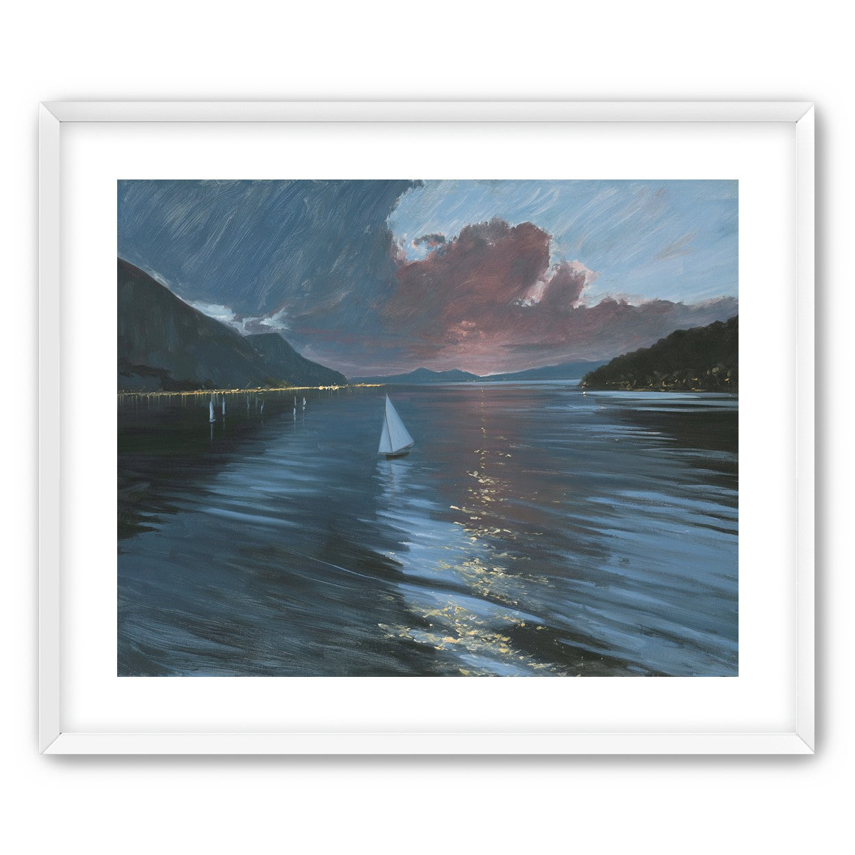 A sailboat beneath storm clouds