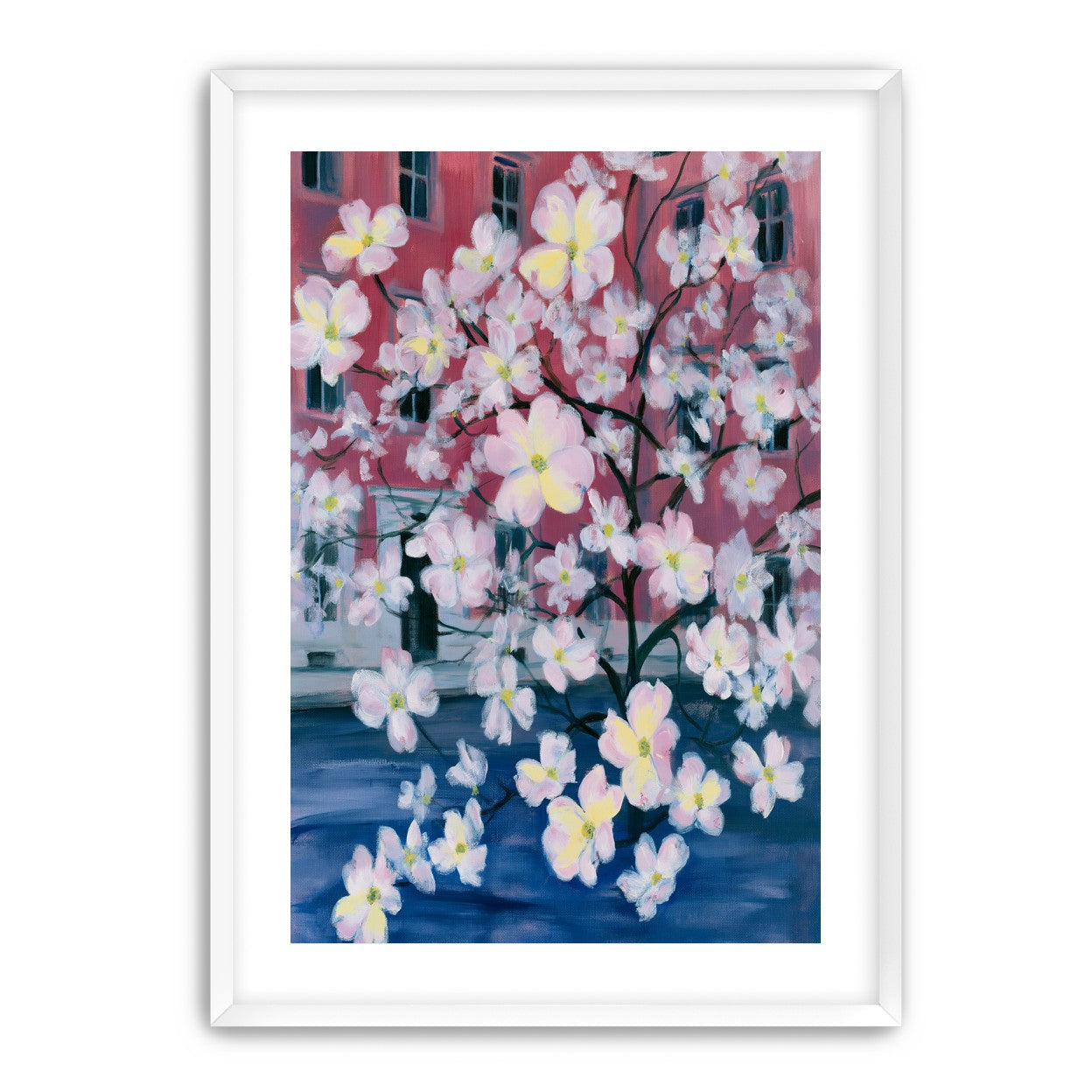 Blossoms across red windows