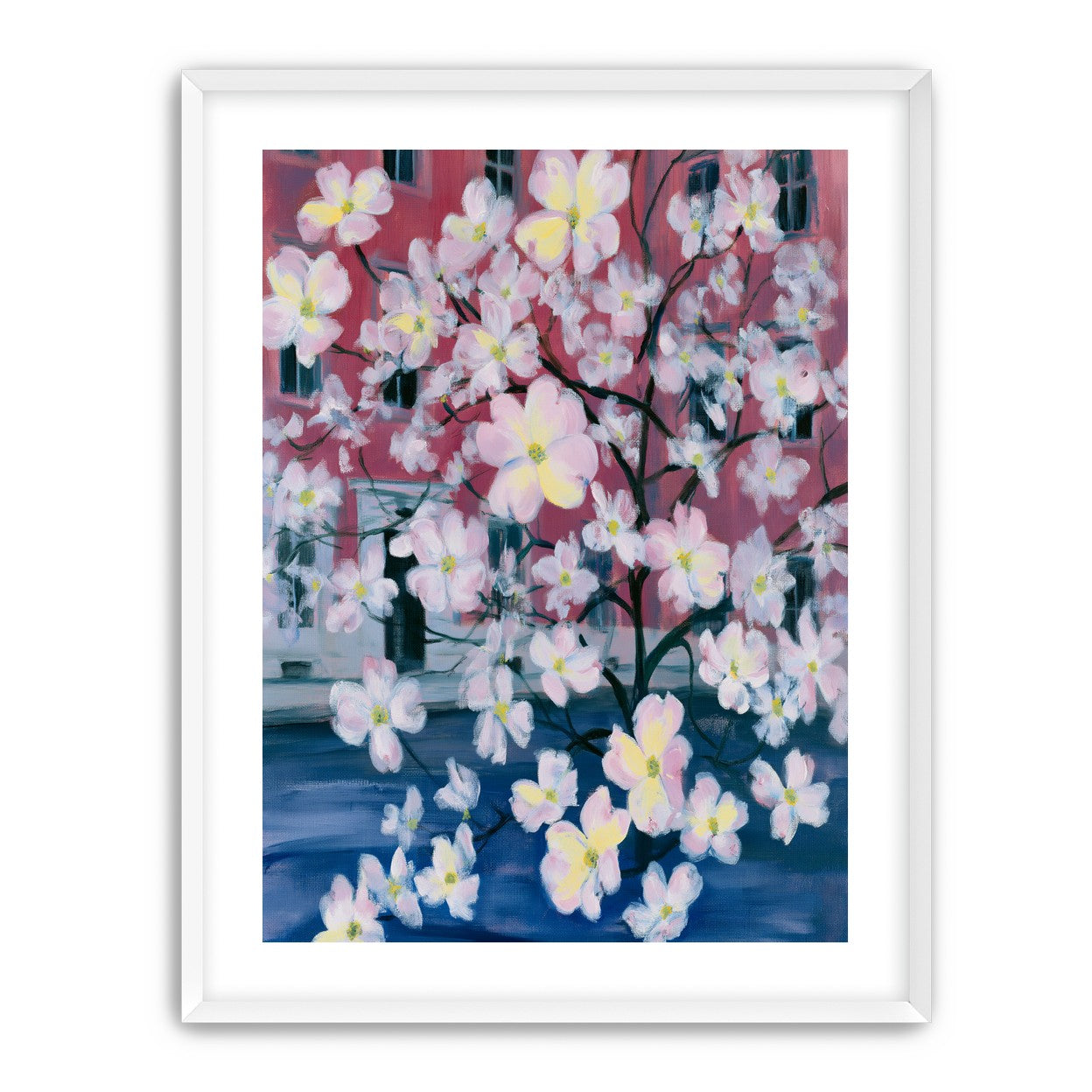 Blossoms across red windows