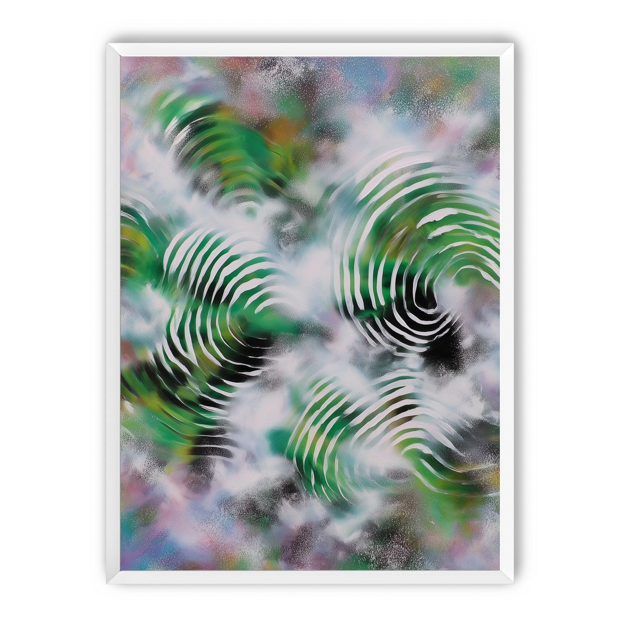 White haze over green spirals