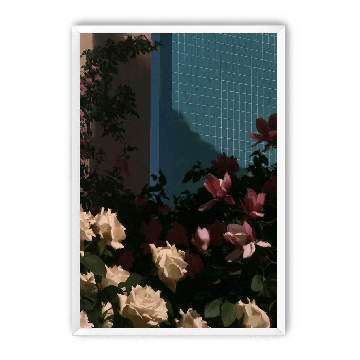 Flowers beneath the tiled wall