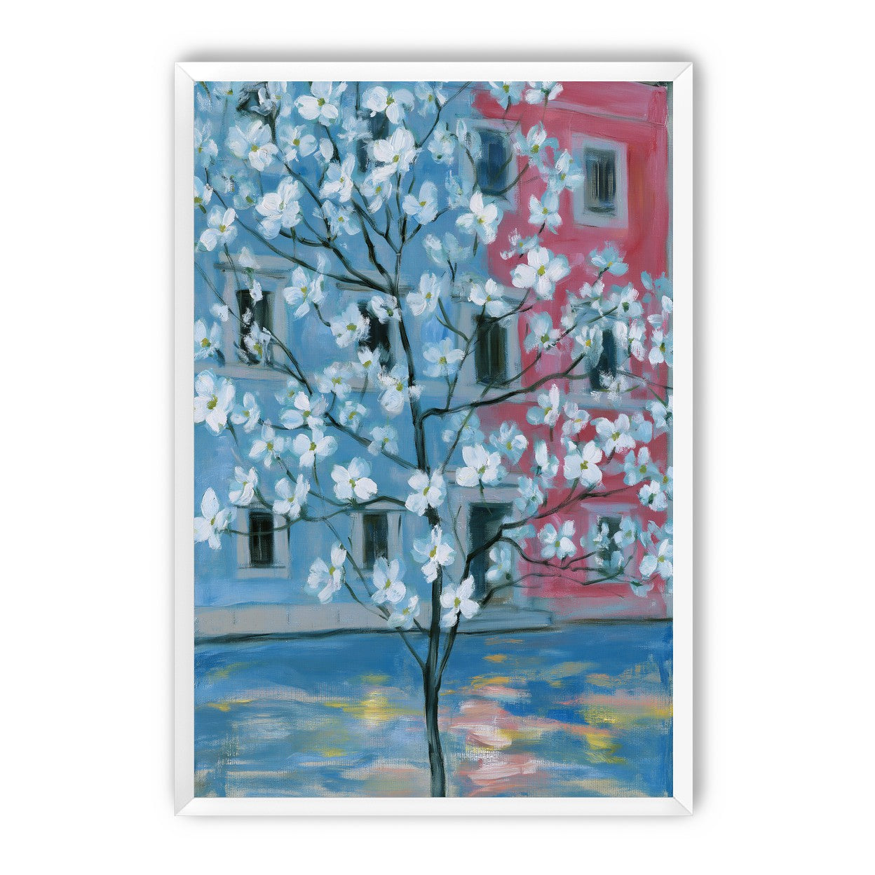 White blossoms across blue and pink