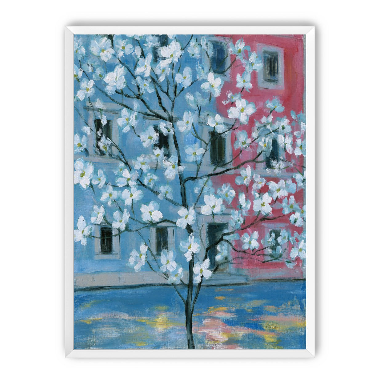 White blossoms across blue and pink