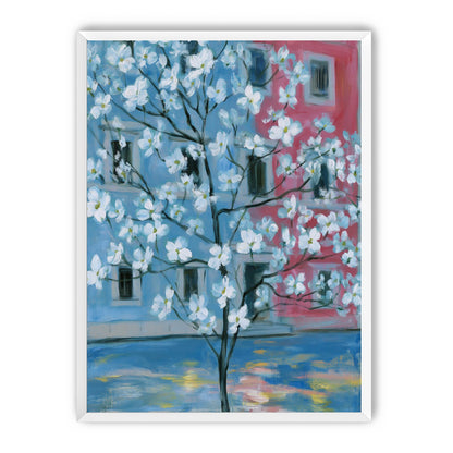 White blossoms across blue and pink