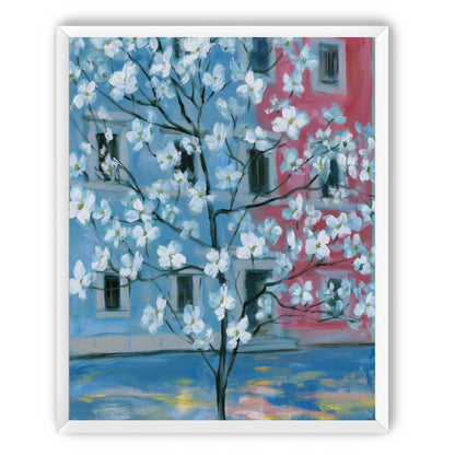 White blossoms across blue and pink