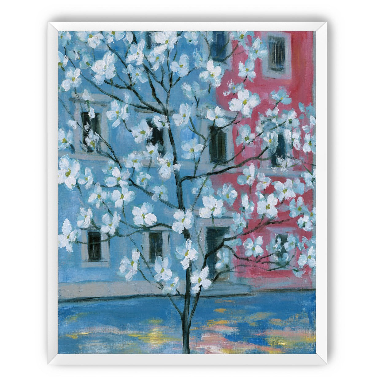 White blossoms across blue and pink