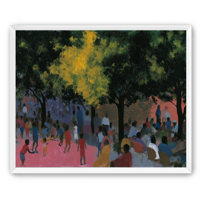 Children playing under trees