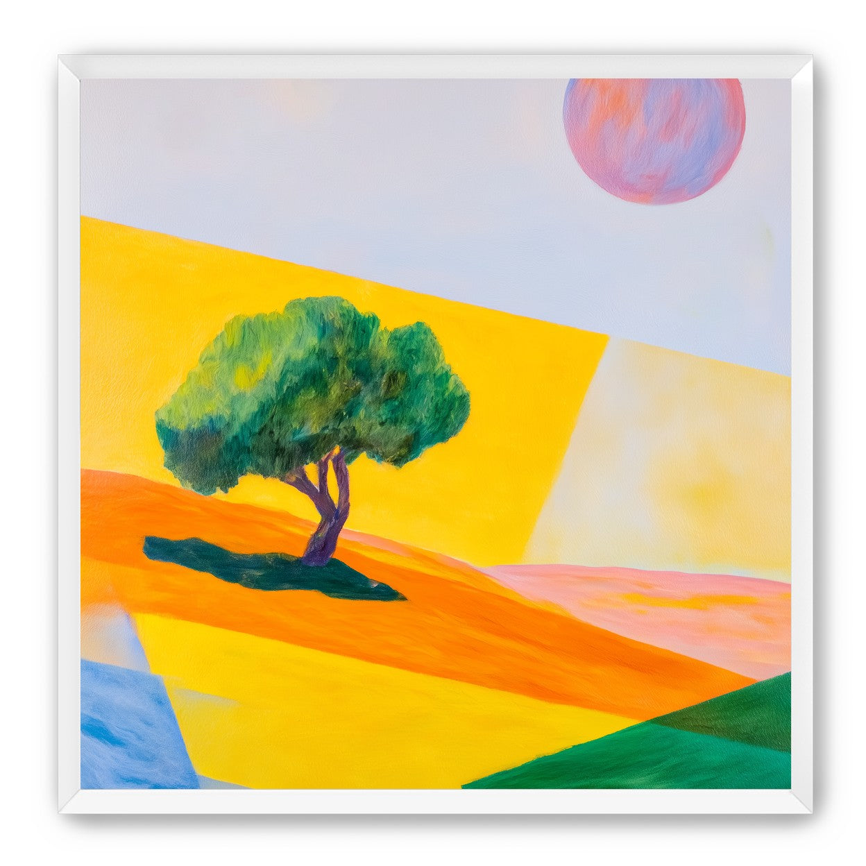 Pink sun over yellow hills
