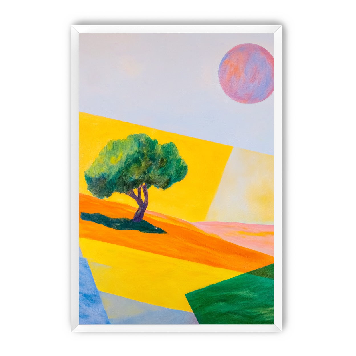 Pink sun over yellow hills
