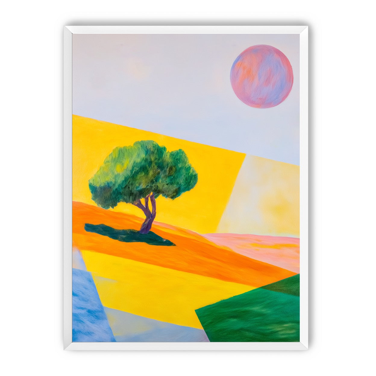 Pink sun over yellow hills
