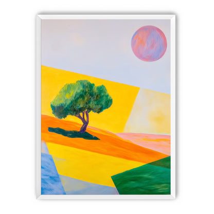 Pink sun over yellow hills