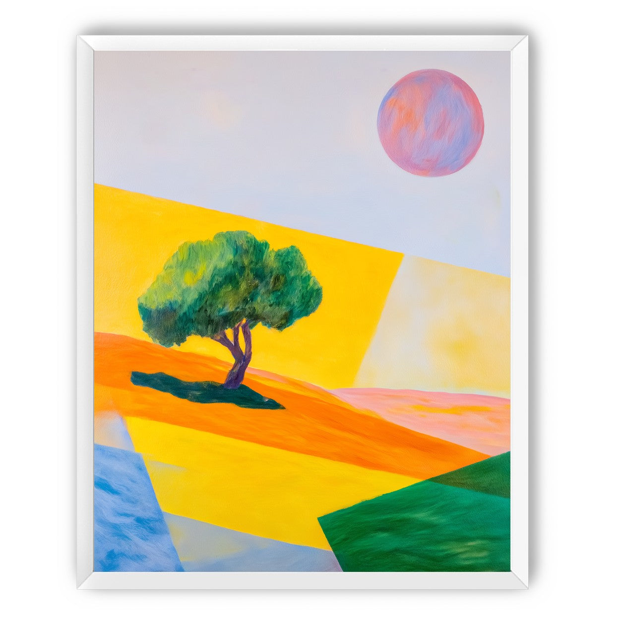 Pink sun over yellow hills